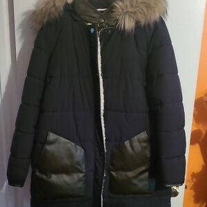 Dennis Basso Black Puffer Coat with Faux Fur Trim